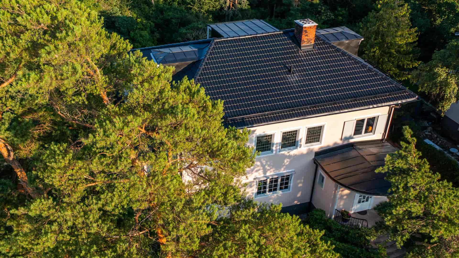 Vit villa med svart tak bland tallar i kvällsljus